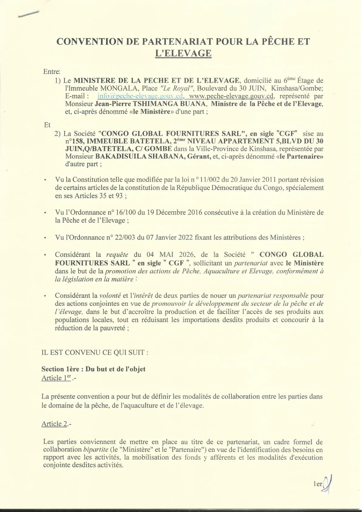 Aperçu de la première page — Convention de partenariat — Pêche et Élevage